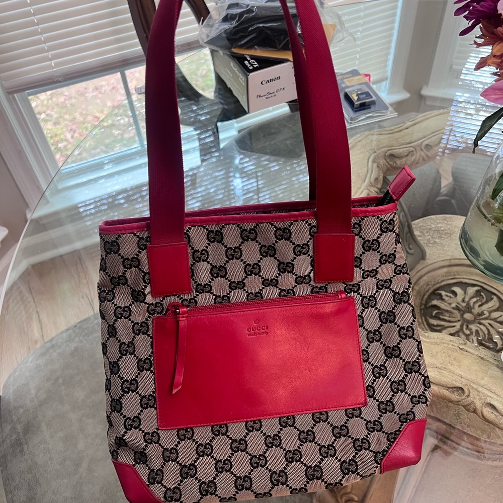 Gucci GG Canvas Red and Brown Monogram Tote Bag